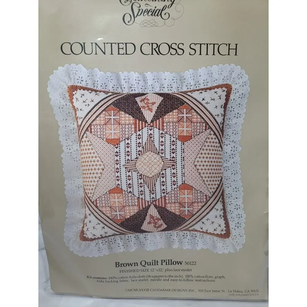 Vtg 1983 Candamar Something Special Counted Cross Stitch Kit Brown Quilt Pillow